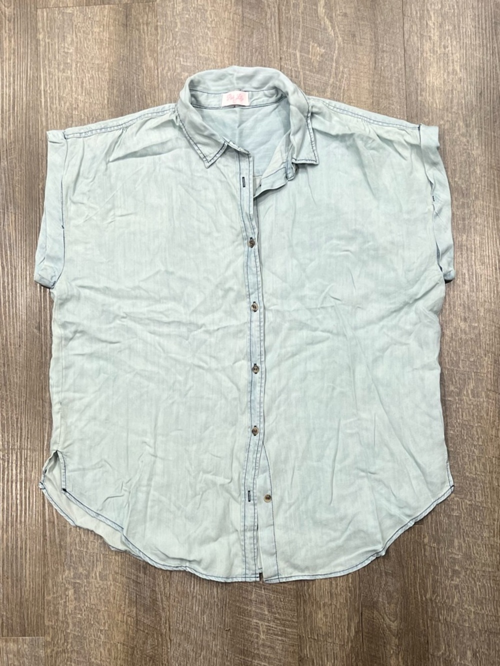 Pink Lily Light Blue Washed Button Front Women's Top